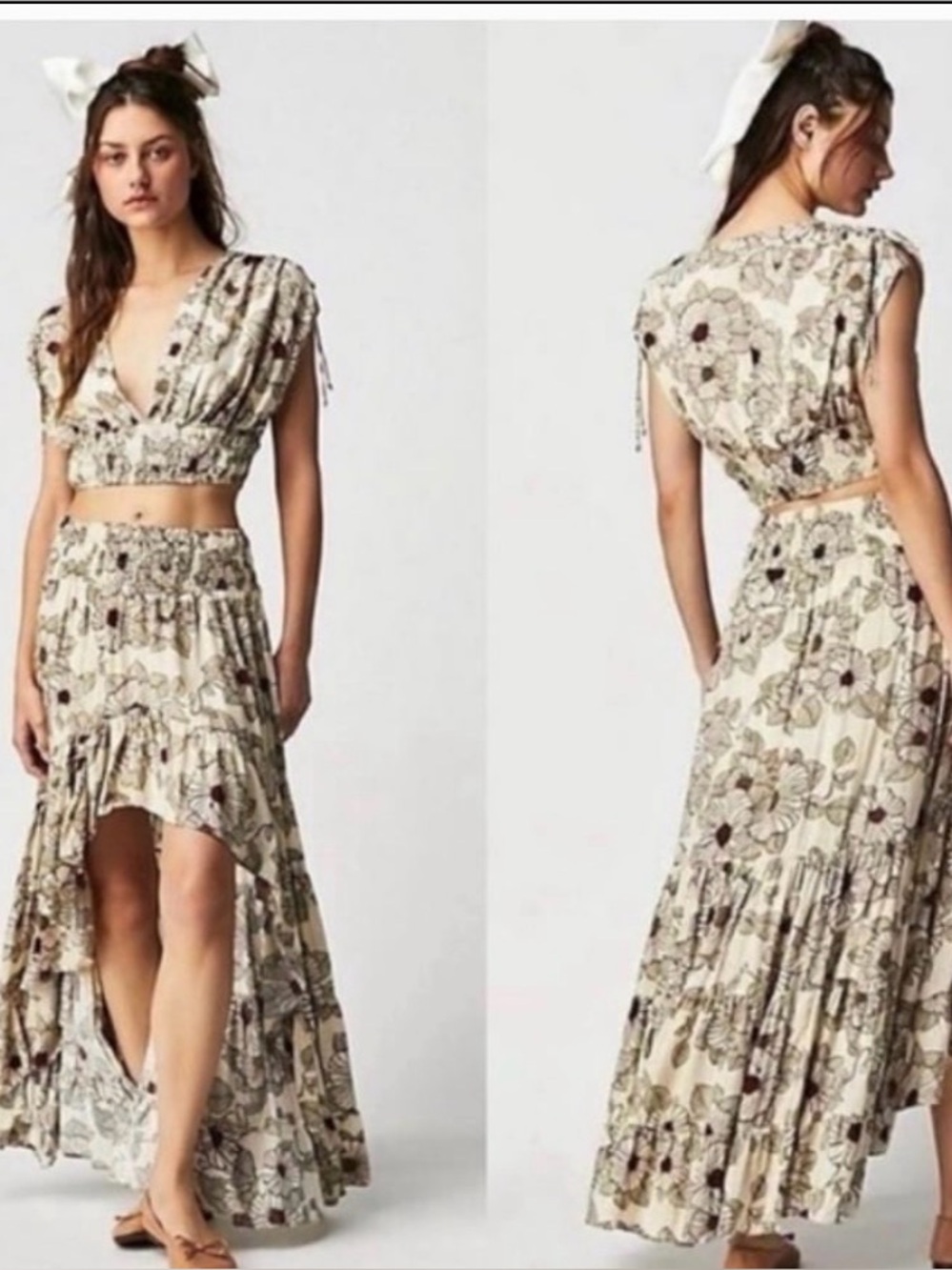 Free People Floral Tiered High-Low Maxi Skirt - Cream Floral